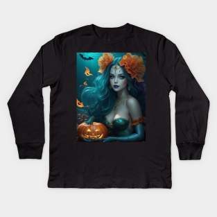 Orange Flowered Mermaid Kids Long Sleeve T-Shirt